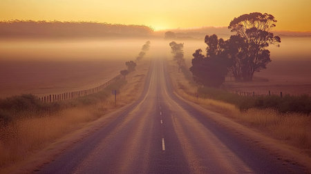 A tranquil scene featuring an empty road leading into a misty landscape at sunrise. Soft light illuminates distant trees, creating a serene atmosphere.の素材