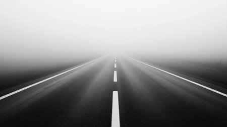 A captivating black and white image of a road disappearing into thick fog, featuring serene emptiness and a perspective that invites contemplation.の素材