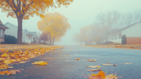 A tranquil autumn morning scene featuring a quiet suburban street shrouded in fog. Bright yellow and orange leaves gently blanket the pavement.の素材