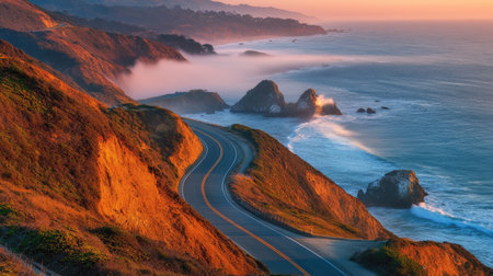 A stunning view of a winding road along dramatic cliffs, showcasing a vibrant sunset illuminating the tranquil Pacific Ocean waters below.の素材