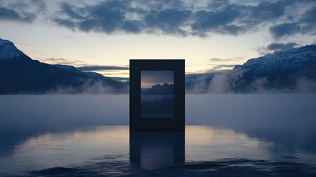 A surreal scene depicting a framed image placed on still water at dawn, surrounded by misty mountains. The tranquil atmosphere evokes feelings of peace and inspiration.の素材