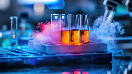 Captivating laboratory scene showcasing colorful liquids in test tubes, surrounded by fog and dramatic lighting, ideal for science and research themes.の素材