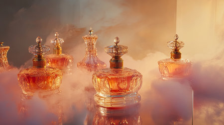 A stunning collection of elegant perfume bottles set against soft clouds, showcasing luxurious design and beauty in a dreamy, atmospheric setting.の素材