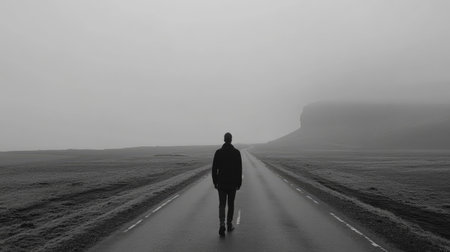 A solitary figure walks along an empty road, shrouded in fog, with dramatic cliffs in the background. The scene evokes a sense of isolation and tranquility, perfect for themes of solitude and journey.の素材