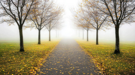 A serene pathway lined with bare trees and scattered autumn leaves creates a tranquil atmosphere in this foggy landscape, inviting quiet reflection.の素材
