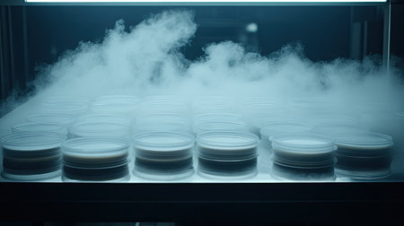 A visually striking image of petri dishes arranged in a laboratory setting, surrounded by fog and steam, creating a dramatic atmosphere for scientific exploration.の素材