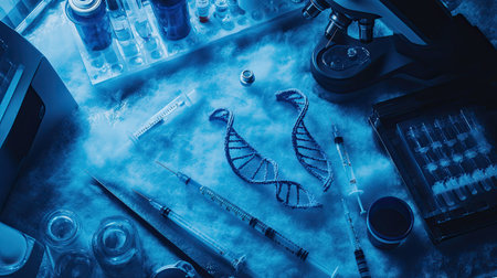 A vibrant laboratory scene showcasing a DNA model surrounded by various scientific instruments, syringes, and glassware under blue lighting, perfect for research imagery.の素材
