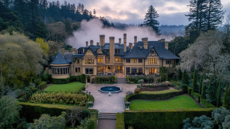 A stunning luxury mansion stands majestically amidst lush greenery and misty trees during twilight, offering an elegant escape into nature's beauty.の素材