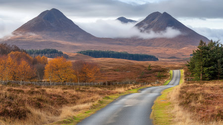 This captivating Highland landscape features rolling hills and mist-shrouded mountains under a dramatic sky. The winding road leads through vibrant autumn foliage, capturing the essence of serene natural beauty in Scotland.の素材