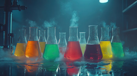 A captivating display of colorful laboratory flasks showcasing various vibrant liquids, surrounded by smoke and vapor, illuminating the scientific exploration theme.の素材