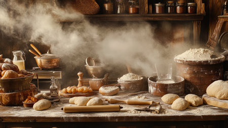 A captivating rustic kitchen scene showcasing a variety of baking ingredients and tools. Flour-covered surfaces, freshly made dough, and traditional cookware create a warm, inviting atmosphere perfect for stirring creativity in cooking.の素材