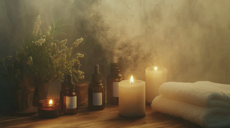 A serene scene featuring lit candles, essential oils, and soft towels creating a peaceful ambiance for relaxation and wellness rituals. Perfect for spa and self-care themes.の素材