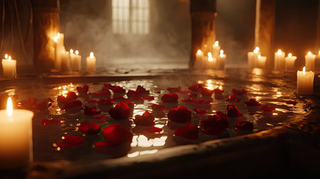This serene bath scene features floating rose petals and flickering candlelight, creating a calming ambiance perfect for relaxation and rejuvenation.の素材