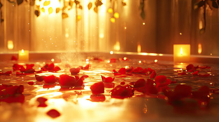 A serene spa scene features floating rose petals in warm water, soft candlelight, and a tranquil atmosphere, perfect for relaxation and wellness.の素材