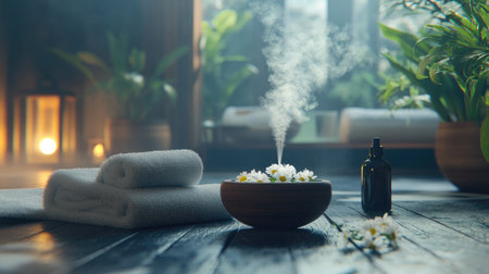 Experience a serene spa atmosphere with aromatic steam rising from a wooden bowl filled with flowers, surrounded by soft towels and lush greenery.の素材