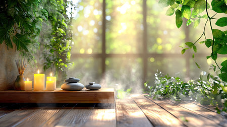 Immerse yourself in a serene spa retreat featuring candles and smooth stones surrounded by lush greenery, creating a tranquil and calming atmosphere for relaxation.の素材