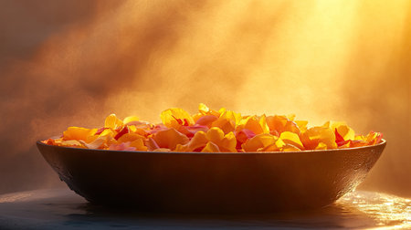 A close-up view of vibrant flower petals in a decorative bowl illuminated by soft sunlight, creating a serene and tranquil ambiance surrounded by gentle fog.の素材