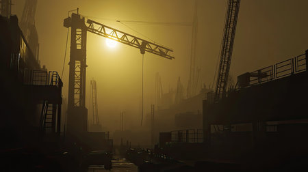 A striking image of an industrial construction site at sunrise, showcasing cranes and building structures set against a fog-covered landscape.の素材