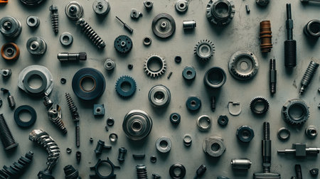 This image showcases a diverse array of mechanical parts and components arranged meticulously on a gray surface, highlighting industrial design and engineering precision.の素材