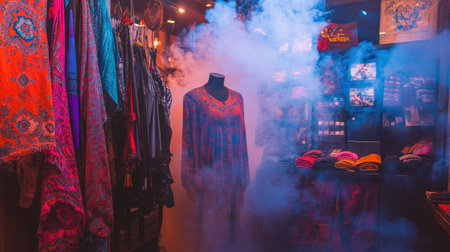 A captivating view inside a boutique showcasing colorful fabrics and clothing on display, enhanced by a smoke effect that creates an artistic atmosphere.の素材