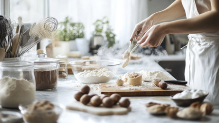A person enjoys the art of baking in a sunny kitchen, skillfully mixing dough with fresh ingredients, surrounded by a cozy atmosphere and kitchen tools.の素材