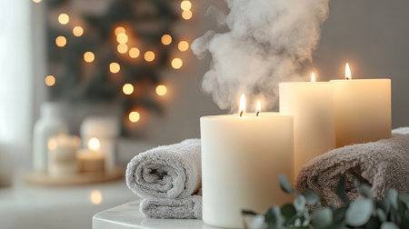 A serene spa setting featuring elegant white candles, soft towels, and gentle steam, creating a tranquil environment perfect for relaxation and self-care.の素材