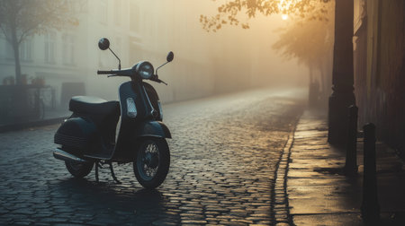 A vintage scooter stands alone on a misty cobblestone street, bathed in soft sunlight as dawn breaks through the fog. The scene evokes tranquility and nostalgia.の素材