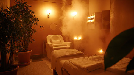 Experience ultimate relaxation in a serene spa setting featuring soft lighting, calming steam, and natural decor to rejuvenate the mind and body.の素材