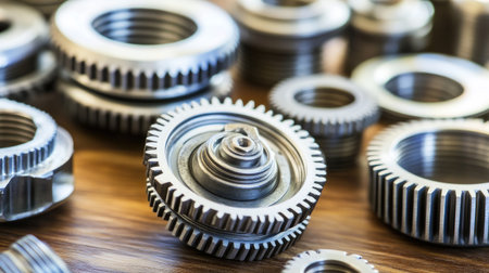 This image showcases a variety of metallic gears and nuts intricately arranged on a polished wooden surface, highlighting mechanical precision and industrial design.の素材