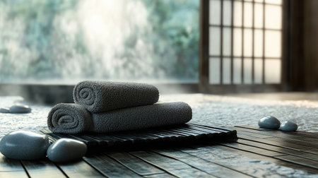 This serene spa setting features soft towels and smooth stones, creating a peaceful ambiance perfect for relaxation and rejuvenation in a wellness retreat.の素材