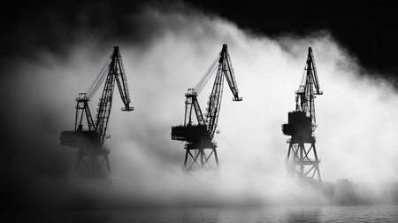 This captivating black and white image features silhouetted cranes rising through a thick fog over calm waters, evoking a tranquil yet industrial atmosphere.の素材