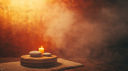 Experience a serene spa environment featuring a candle, smooth stones, and soft textures, perfect for promoting relaxation and healing.の素材