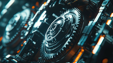 A captivating close-up of intricate mechanical gears and cogs, showcasing the beauty of technology with glowing elements, enhancing the futuristic feel.の素材