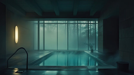 This serene indoor pool scene features soft lighting and a misty atmosphere, inviting relaxation and tranquility in a modern spa environment.の素材