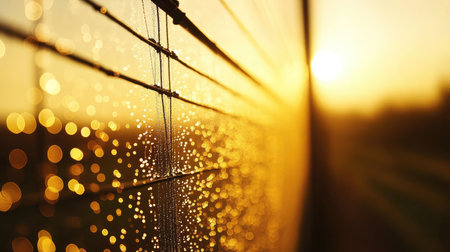 A serene image capturing dew on a fence at sunrise, showcasing glistening water droplets and a warm golden atmosphere. Perfect for nature lovers.の素材