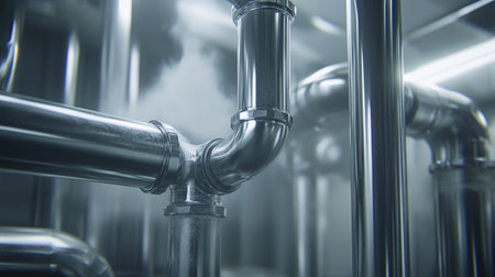A close-up view of a modern industrial pipe system featuring shiny metal pipes and steam, reflecting advanced engineering and design in a high-tech environment.の素材
