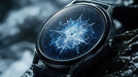 This captivating image showcases a close-up of a stylish watch featuring a mesmerizing blue splash design on the dial, perfect for luxury and fashion enthusiasts.の素材