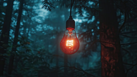 A captivating red light bulb hangs from a tree in a foggy forest at dusk, illuminating the scene with a warm glow, evoking feelings of mystery and tranquility.の素材