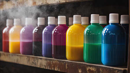 A stunning collection of colorful liquid paint bottles arranged on a shelf, with a steam effect adding a unique artistic ambiance to the studio atmosphere.の素材