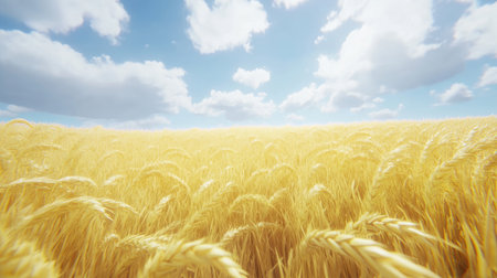 A serene view of a golden wheat field stretching under a blue sky adorned with fluffy clouds, showcasing the beauty of rural agriculture and nature.の素材