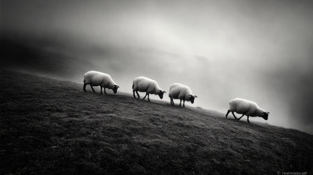 This striking black and white image features four sheep walking in a foggy landscape, perfectly capturing the tranquility and beauty of rural life.の素材
