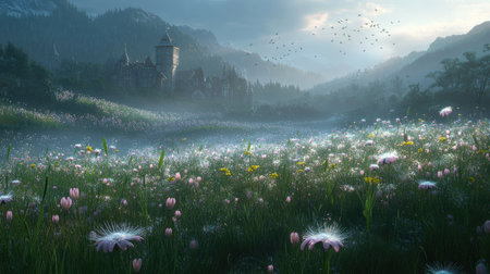 A stunning enchanted landscape featuring a meadow adorned with wildflowers, an abandoned castle glimmering in the morning mist, and majestic mountains.の素材