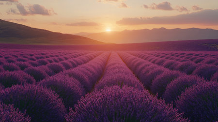 Breathtaking view of vast lavender fields under a warm sunset, showcasing rows of vibrant purple flowers with rolling hills and mountains in the distance.の素材