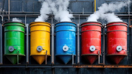 A colorful array of industrial tanks emits steam, showcasing the vibrant energy of modern manufacturing processes. This striking scene captures the essence of industrial design.の素材