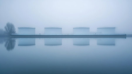 A serene industrial landscape featuring storage tanks reflected in calm water, enveloped by a thick layer of fog. The tranquil scene evokes a sense of peace.の素材