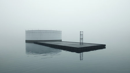 This atmospheric image captures an isolated industrial structure reflected in calm water, surrounded by a thick fog, creating a minimalist and serene environment.の素材