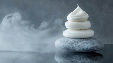This image showcases a refined display of white cream atop smooth stones, accompanied by a delicate smoke effect. The serene composition evokes feelings of peace and relaxation, ideal for beauty and wellness themes.の素材