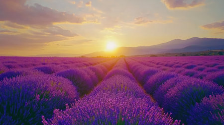 Experience the stunning beauty of a lavender field at sunset, where vibrant purple flowers stretch towards the horizon, creating a serene landscape.の素材