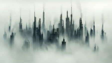 A haunting cityscape features silhouettes of towering skyscrapers rising through a dense fog, creating a surreal and atmospheric urban environment.の素材