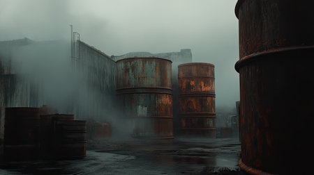 This atmospheric image features rusty industrial barrels set in a misty environment, highlighting an abandoned warehouse scene filled with decay.の素材
